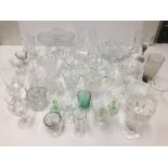 A LARGE GROUP OF GLASSWARE, INCLUDING WINE GLASSES, OTHER DRINKING GLASSES, CAKE STAND AND MORE