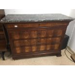 A 19TH CENTURY FRENCH FLAMED MAHOGANY CHEST OF DRAWERS WITH MARBLE TOP, 128CM WIDE