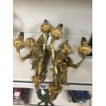 A PAIR OF GILT BRASS CHERUB TWO ARM WALL SCONCES, PREVIOUSLY ELECTRIFIED, 30CM LONG