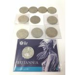 A 2015 BRITANNIA £50 FINE SILVER COIN, 31G, IN ORIGINAL PACKAGING, TOGETHER WITH TEN £5 COINS