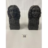 A PAIR OF BLACK PAINTED CAST IRON POLE FINIALS IN THE FORM OF PERIOD GENTLEMAN, 15.5CM HIGH