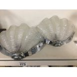 A PAIR OF ART DECO GLASS AND CHROME SHELL SHAPED WALL LIGHTS, 26.5CM WIDE