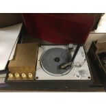 A LARGE VINTAGE PATHE MARCONI RECORD DECK IN TRAVEL CASE