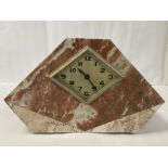 A FRENCH ART DECO MARBLE MANTLE CLOCK, THE DIAMOND SHAPED DIAL WITH ARABIC NUMERALS DENOTING