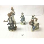 A GROUP OF FIVE PORCELAIN FIGURES, INCLUDING A NAO FIGURE OF A GIRL, LARGEST 28CM HIGH