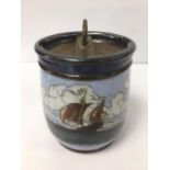 A ROYAL DOULTON GLAZED STONEWARE TOBACCO JAR BY MAUD BOWDEN, DEPICTING A SCENE OF SAILING VESSELS,