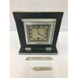 AN ART DECO MARBLE MANTLE CLOCK BY GRANT LTD, THE SQUARE DIAL WITH ARABIC NUMERALS DENOTING HOURS,