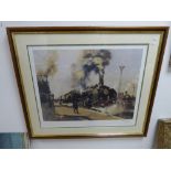 TERENCE CUNEO A FRAMED AND GLAZED SIGNED PRINT ENTITLED 'LA FLECHE D'OR' OF A RAILWAY ENGINE