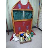 A 20TH CENTURY WOODEN PUPPET THEATRE SHOW SET UP WITH A QUANTITY OF ASSORTED PUPPETS, 160CM HIGH