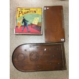 THREE VINTAGE GAMES; PLOPITIN IN ORIGINAL BOX, BAGATELLE AND SHOVE HA'PENNY BOARD