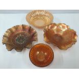 THREE CARNIVAL GLASS BOWLS/DISHES, TOGETHER WITH AN AMERICAN ANCHOR HOCKING FIRE KING BOWL