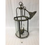 A VINTAGE GLASS AND METAL HANGING LIGHT OF CYLINDRICAL FORM, 50CM HIGH (AF)