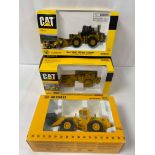 THREE DIE CAST MODELS OF DIGGERS, COMPRISING; CAT 836G LANDFILL COMPACTOR, 980G WHEEL LOADER AND JCB