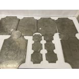 A SET OF SIX VINTAGE PEWTER PLACE SETTINGS WITH EIGHT COASTERS BY VMC FECIT, THE SETTINGS