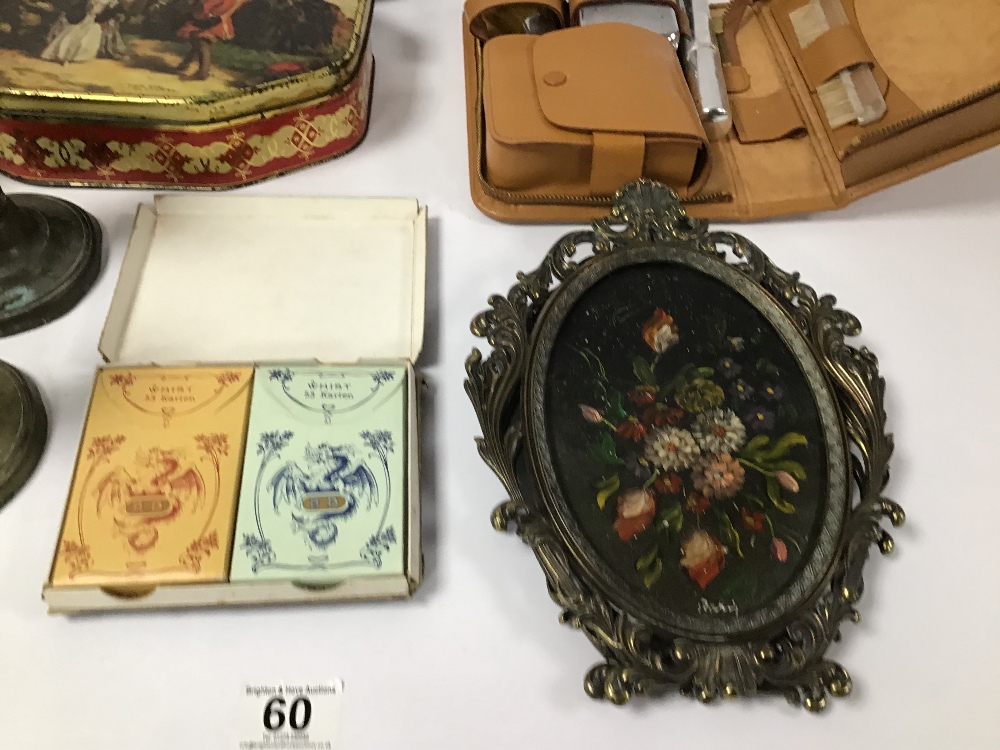 A COLLECTION OF ASSORTED ITEMS INCLUDING PAIR OF BRASS CANDLESTICKS, PLAYING CARDS, BOTTLE OF - Image 2 of 5