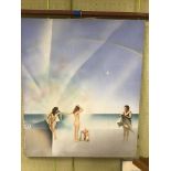 AN OIL ON CANVAS OF THREE FEMALES ON THE BEACH, SIGNED T MERRYFIELD AND ANNOTATED AS SKETCH FOR A