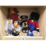 A GROUP OF VINTAGE TOYS, MOST BEING STUFFED, INCLUDING PANDA, BATTERY POWERED DOG WITH MARACAS AND