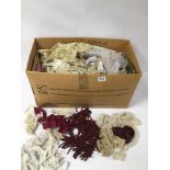 A BOX OF VNTAGE HABERDASHERY ITEMS INCLUDING LACE