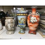 THREE LARGE CERAMIC ITEMS, COMPRISING TWO VASES AND ONE LARGE LIDDED VASE, 47CM HIGH