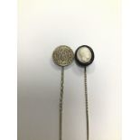 TWO VINTAGE SILVER TIE PINS, ONE WITH CAMEO, 3.9G