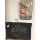 A SLATE AND TERRACOTTA PICTURE OF AN ITALIAN VILLAGE, LARGEST 53 X 25 CMS.