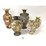 A GROUP OF FIVE JAPANESE CERAMIC VASES, INCLUDING SATSUMA WARE, LARGEST 30.5CM HIGH