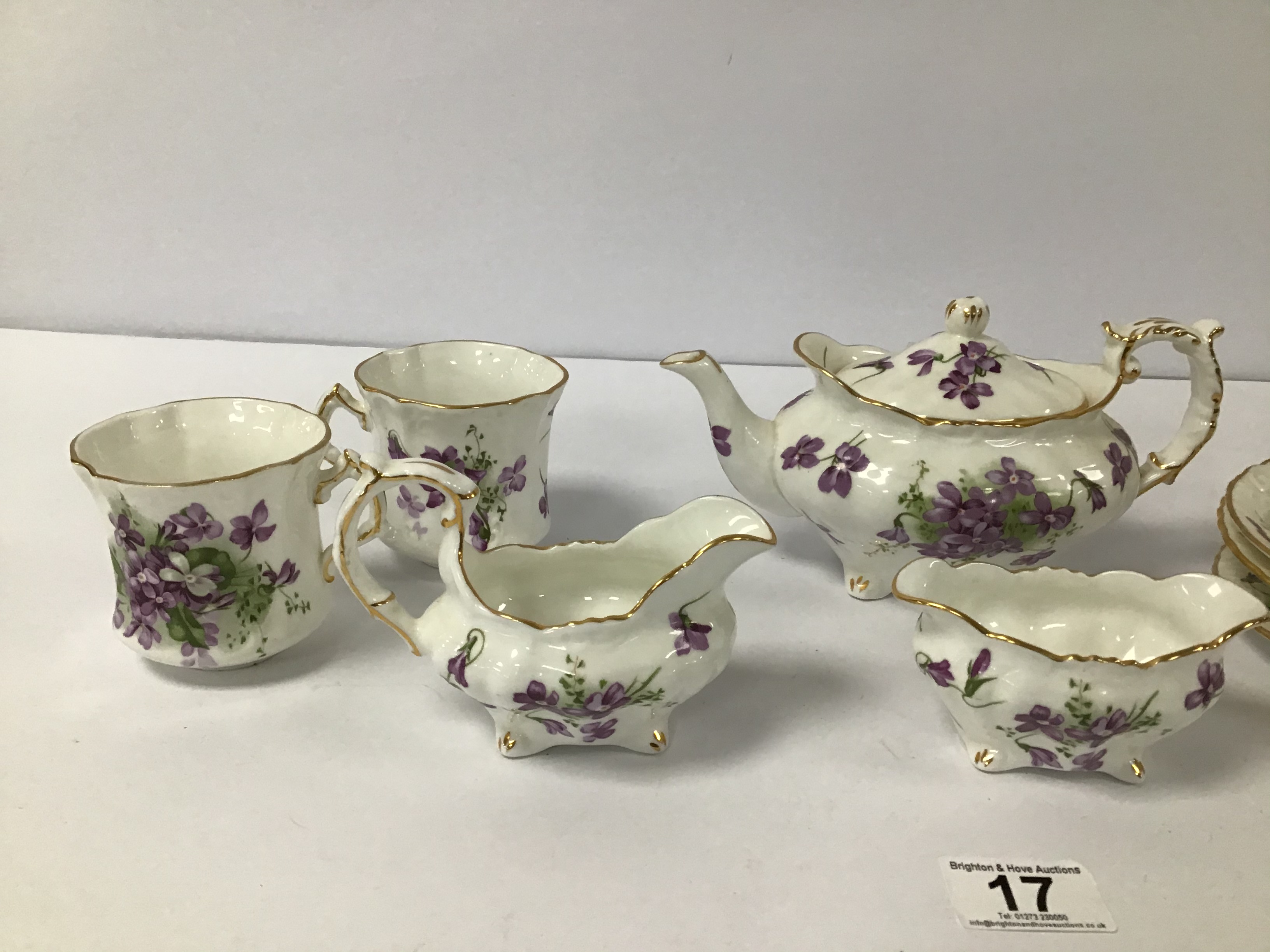 A HAMMERSLEY VICTORIAN VIOLETS PATTERN NINE PIECE BONE CHINA TEA SET, COMPRISING TEA POT, CUPS, - Image 4 of 5