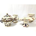 FOUR LARGE PIECES OF MASONS IRONSTONE 'MANDALAY' PATTERN, INCLUDING A LIDDED STORAGE BOWL, TWO VASES