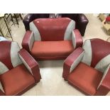 AN ART DECO STYLE THREE PIECE SUITE IN WHITE AND RED.