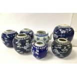 A GROUP OF FIVE CHINESE PORCELAIN BLUE AND WHITE GINGER JARS DECORATED WITH WHITE PRUNUS DECORATION,