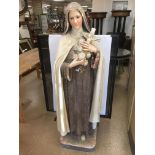 A EXCEPTIONALLY LARGE FRENCH RELIGIOUS GESSO PLASTER FIGURE OF MARY HOLDING A CRUCIFIX, WITH GLASS