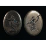 A PAIR OF HEAVY COPPER PLAQUES FEATURING IMAGES OF A ROMAN GOD AND GODDESSES, 10CM BY 13CM