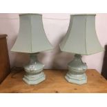 TWO CERAMIC GREEN TABLE LAMPS.