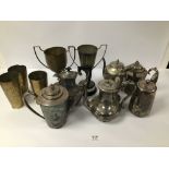 A COLLECTION OF SILVER PLATED AND BRASS ITEMS, INCLUDING TWO TROPHIES, TEAPOTS AND MORE, LARGEST