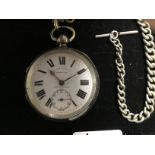 A LATE VICTORIAN SILVER ‘FAMOUS PREMIER’ POCKET WATCH, THE ENAMEL DIAL WITH ROMAN NUMERALS