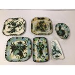 SIX PIECES OF PHOENIX DESIGN ART POTTERY, COMPRISING FIVE DISHES AND ONE BOWL, INCLUDING SOME MARKED