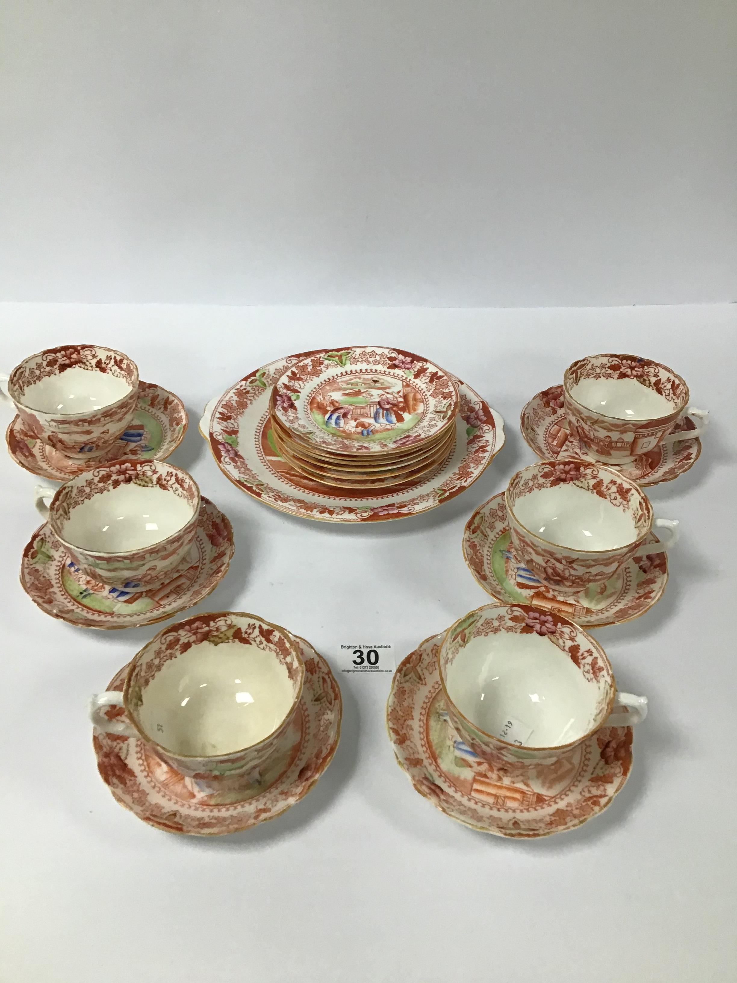 A VICTORIAN STAFFORDSHIRE NINETEEN PIECE TEA SERVICE WITH CHINOISERIE STYLE TRANSFER DECORATION,