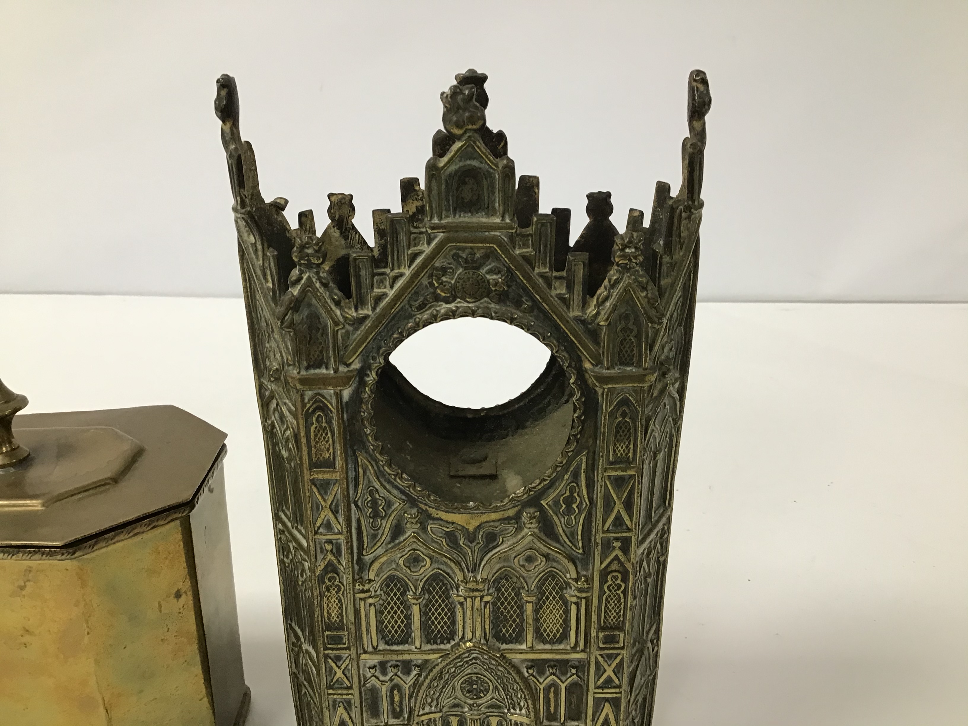 A VICTORIAN BRASS WATCH HOLDER IN THE FORM OF A GOTHIC BUILDING, TOGETHER WITH A BRASS TEA CADDY - Image 3 of 4