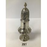 A LATE VICTORIAN SILVER BALUSTER SHAPED SUGAR SIFTER WITH EMBOSSED DECORATION THROUGHOUT AND FLAME