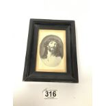 A SILK WORK DEPICTING JESUS CHRIST BEFORE THE CRUCIFIXION, MOUNTED IN EBONISED FRAME, 17CM BY 13CM
