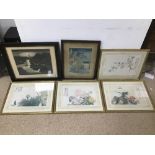 AN ANTIQUE SIGNED AND SEALED JAPANESE WATERCOLOUR FRAMED AND GLAZED TOGETHER WITH ANOTHER FOUR