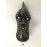 A MID 20TH CENTURY AFRICAN SONGYE ZAIRE TRIBAL MASK (KIFWEBE) WITH RAISED COMB OF HAIR AND PIERCED