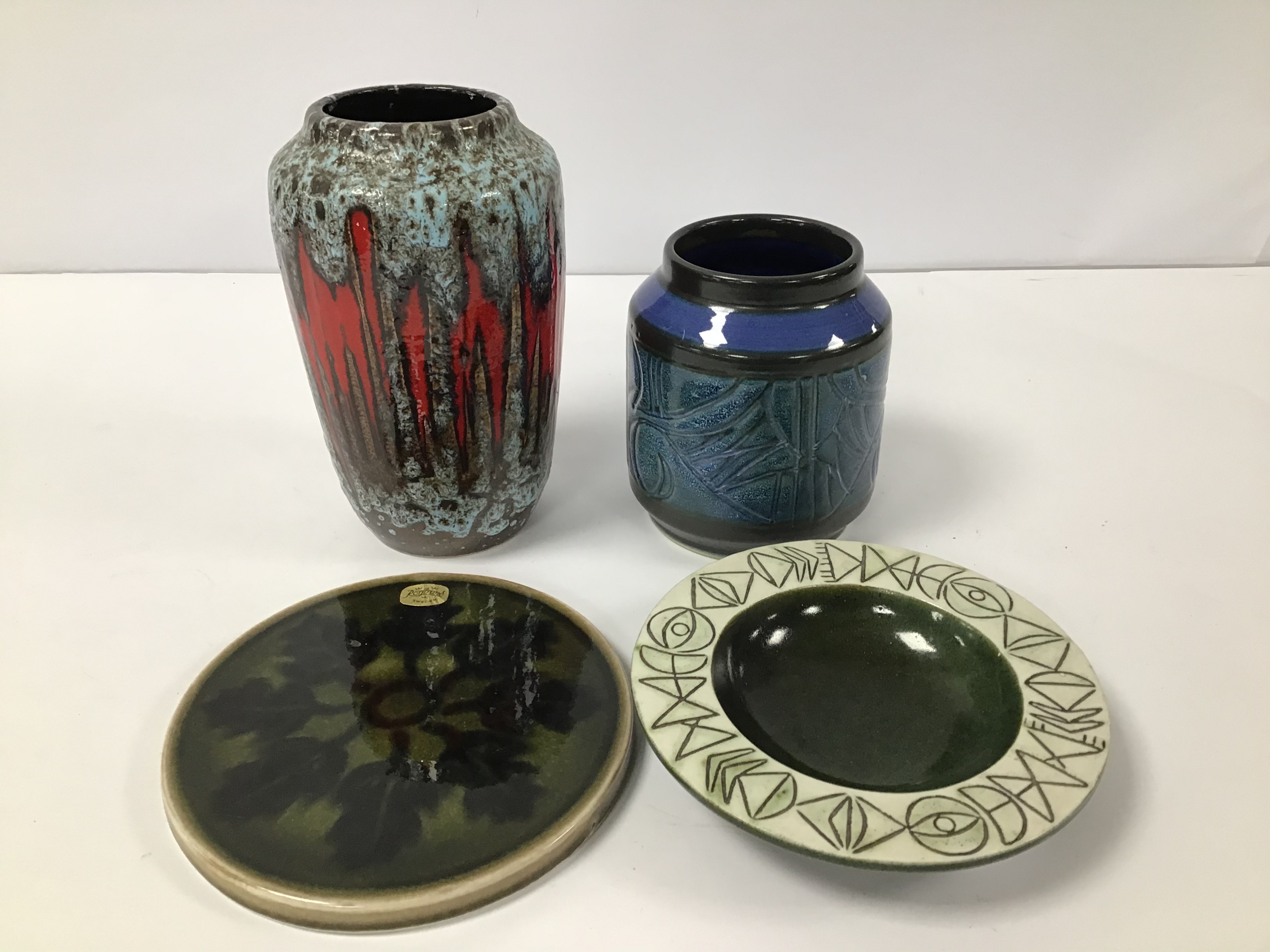 FOUR PIECES OF ART POTTERY, INCLUDING BLUE CELTIC POTTERY VASE, WEST GERMAN LAVA VASE ETC