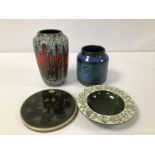 FOUR PIECES OF ART POTTERY, INCLUDING BLUE CELTIC POTTERY VASE, WEST GERMAN LAVA VASE ETC