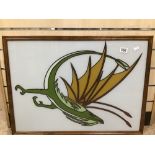 A FRAMED FLYING LIZARD MADE FROM GLASS 73 X 53 CMS.