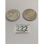 TWO EARLY SILVER USA ONE DOLLAR COINS, DATED 1890 AND 1900