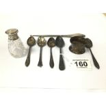 AN ASSORTMENT OF SILVER ITEMS, FIVE TEA SPOONS, NAPKIN RING, BUTTON HOOK AND SILVER TOPPED GLASS