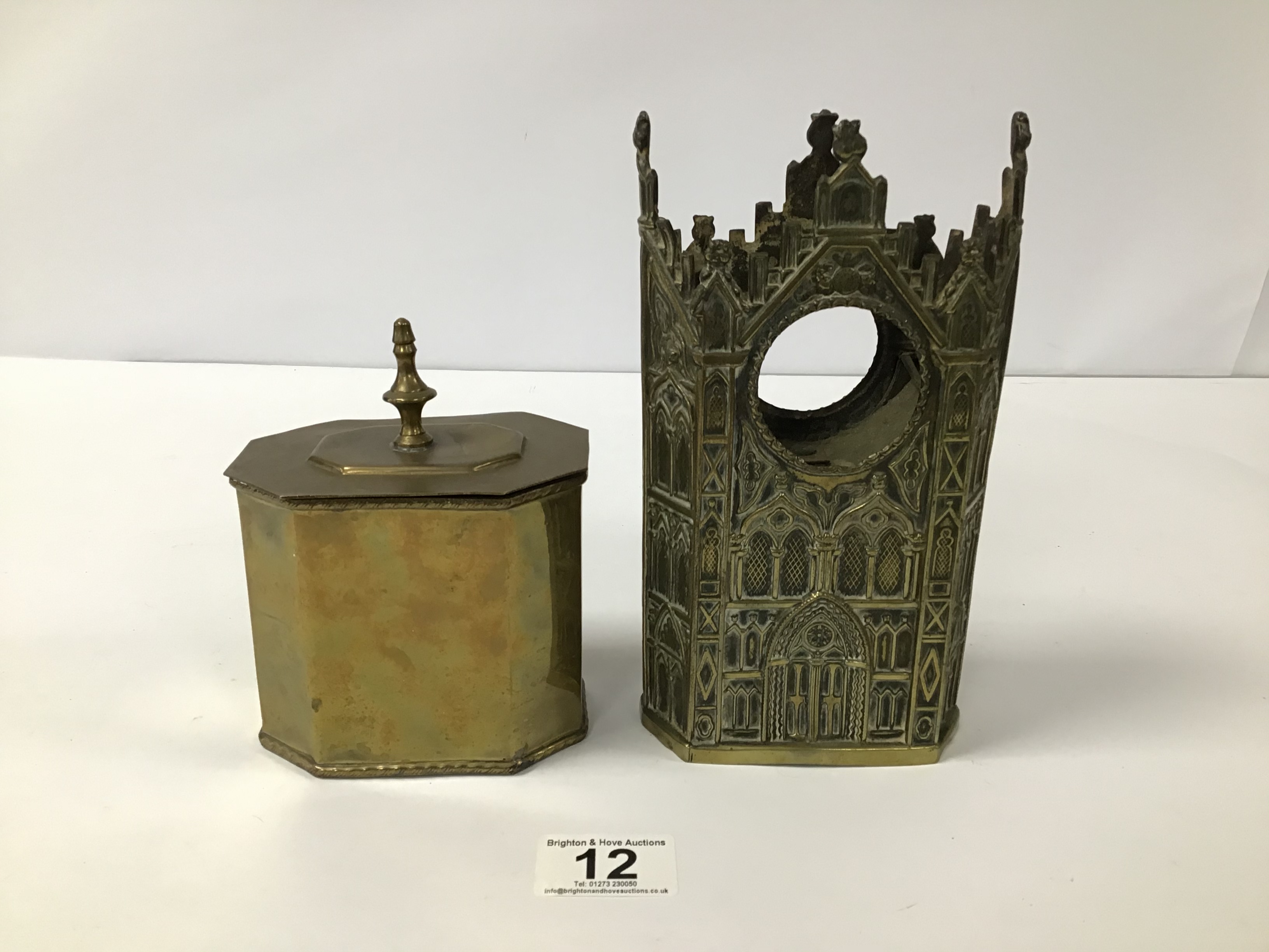 A VICTORIAN BRASS WATCH HOLDER IN THE FORM OF A GOTHIC BUILDING, TOGETHER WITH A BRASS TEA CADDY - Image 2 of 4