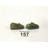 TWO ORIENTAL JADEITE INCENSE STICK HOLDERS, ONE BEING A RABBIT, THE OTHER A RABBIT, LARGEST 5CM