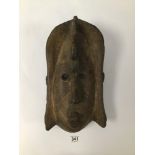 A LATE 19TH CENTURY SOLID HARDWOOD ELUBA ACWE BEMBE AFRICAN CEREMONIAL MASK WITH CARVING